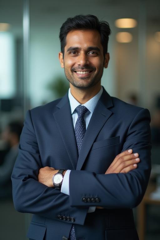 Confident executive portrait in a corporate setting - A professional headshot of an Indian executive within their office environment, conveying authority and professionalism, highlighting our corporate photography expertise.
